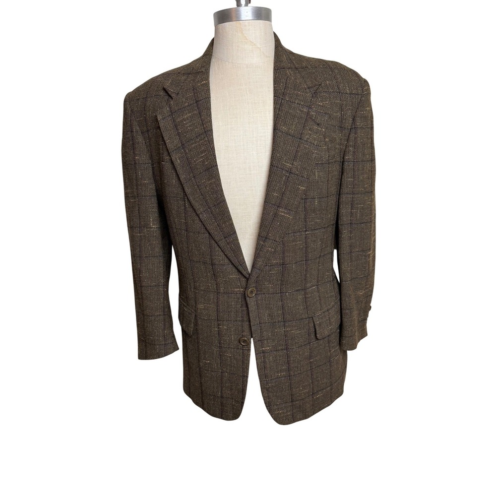 Mickey Spatz Jack Victor Mens Brown Wool Silk Windowpane‎ Blazer Sport Coat 42R